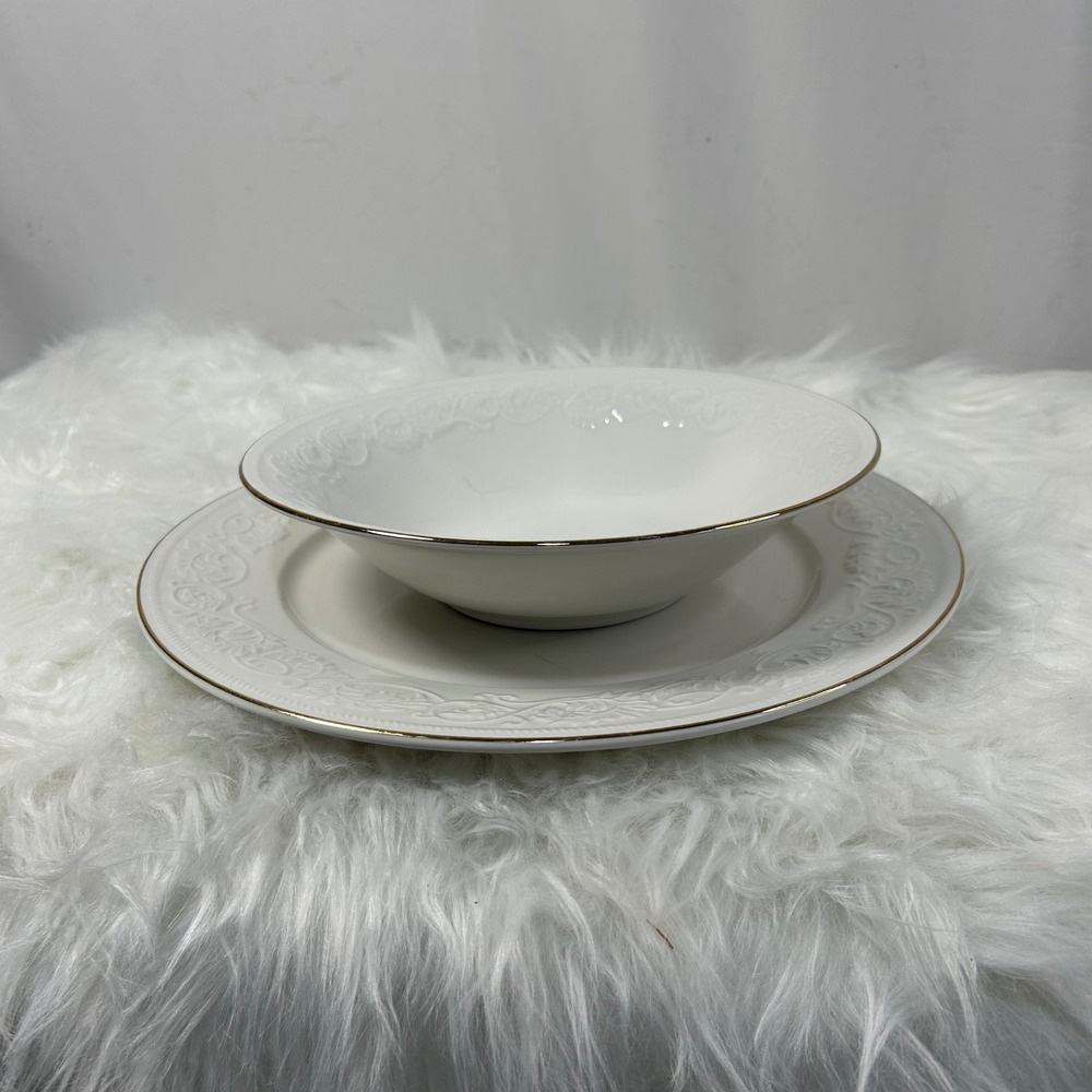 Farberware Calais Dinnerware Set Bowl & Plate White Gold 22K Band‎ Oven Safe